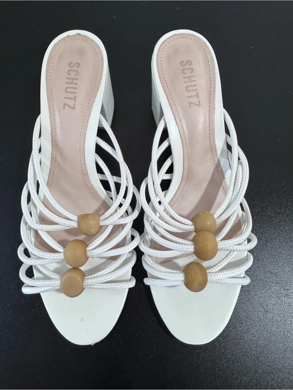 SCHUTZ Roanna White Strappy Block Heel Sandles with Tan Bead Accents